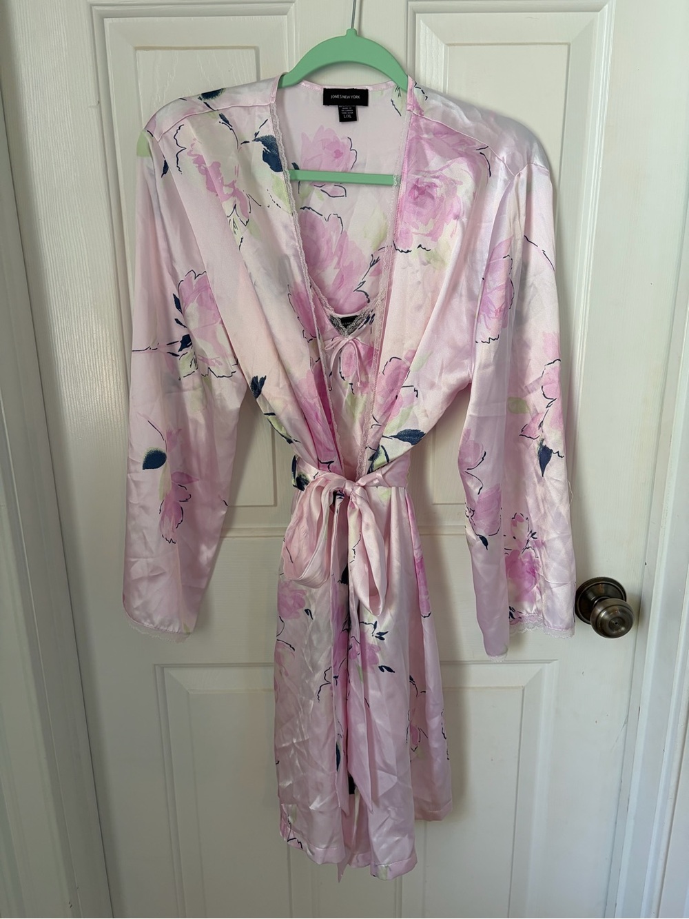Jones New York Pink Floral Satin Robe and Slip with Tie Belt